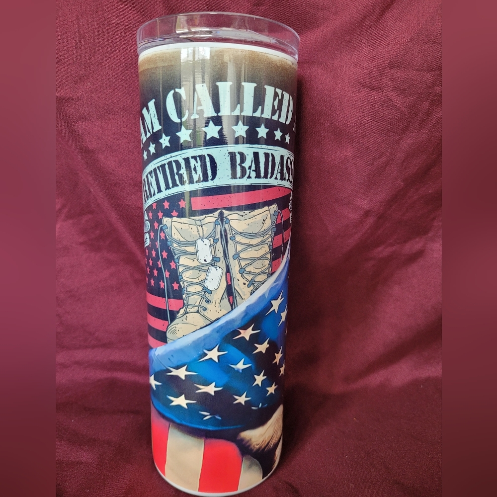 US Military Veteran Stainless Steel Tumbler with lid. Practical Retirement gift